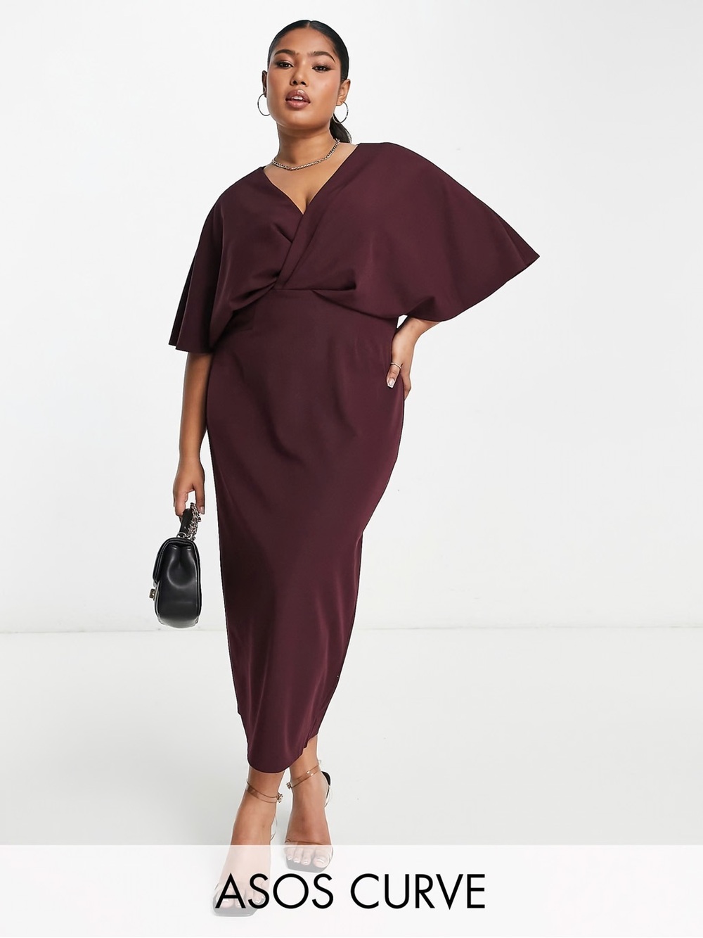ASOS Curve Burgundy Wrap-Front Midi Dress with Cape Sleeves